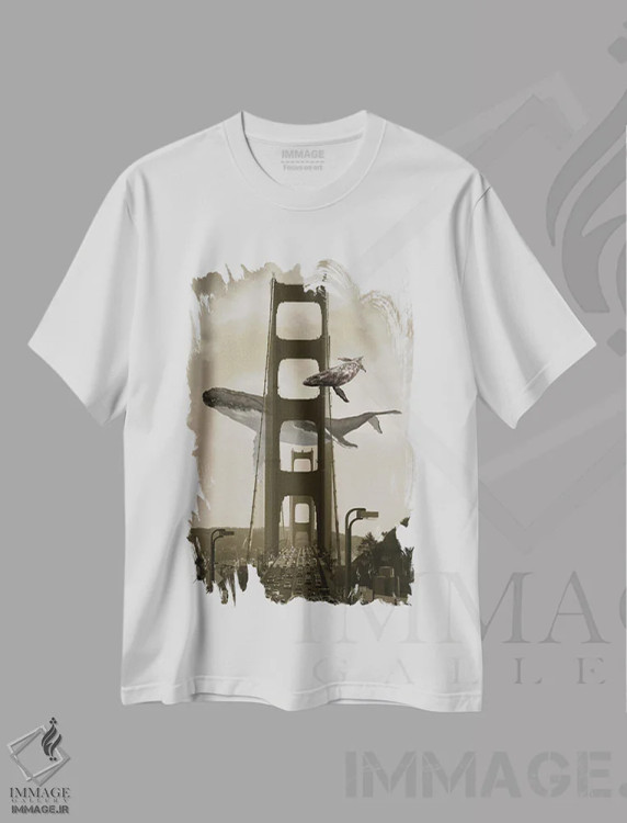 تیشرت سفید طرح دار تماشای نهنگ از پل گلدن گیت، هنر دیجیتال اثر دیوید لوبلاو | فروشگاه ایماژ
