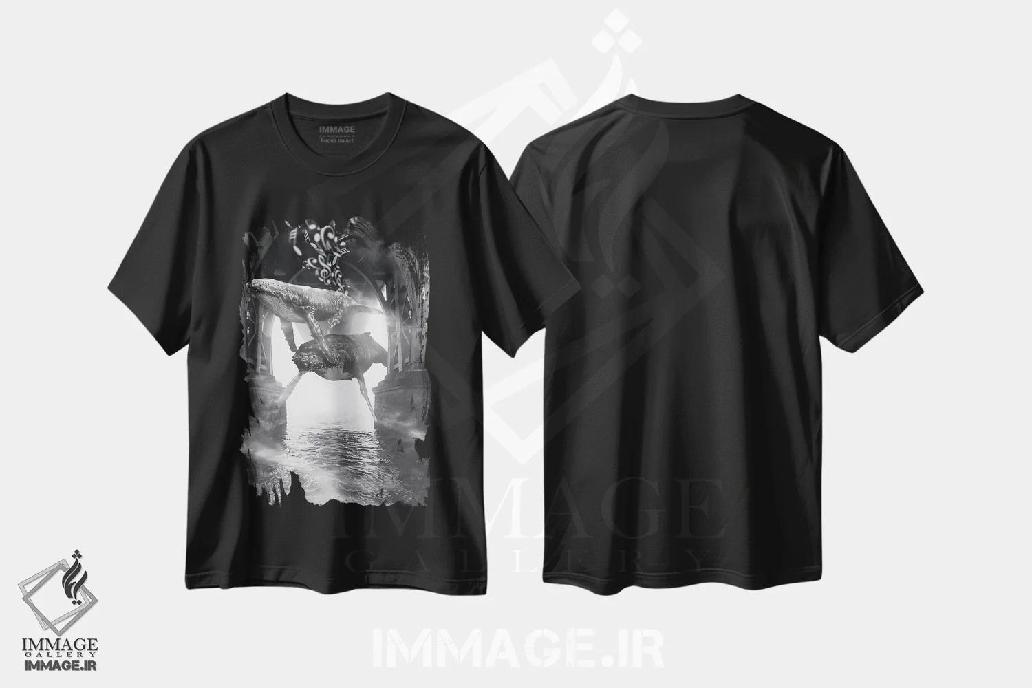 تیشرت مشکی طرح دار موسیقی نهنگ های قایم باشک، هنر دیجیتال سیاه و سفید اثر دیوید لوبلاو | immage.ir