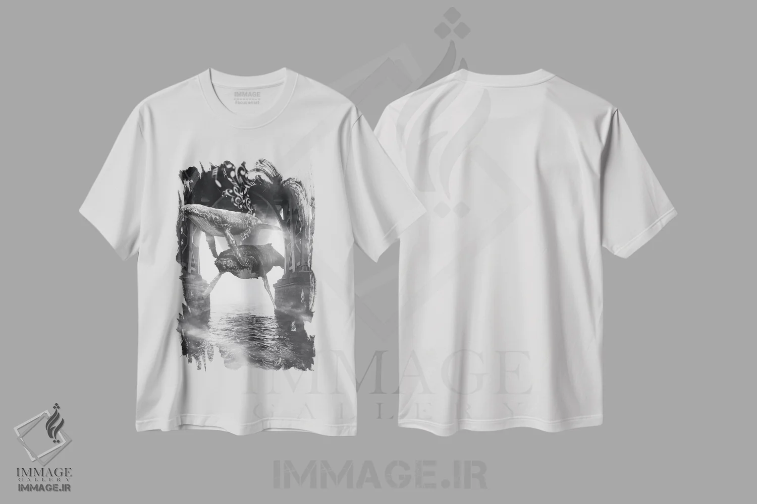 تیشرت سفید طرح دار موسیقی نهنگ های قایم باشک، هنر دیجیتال سیاه و سفید اثر دیوید لوبلاو | فروشگاه ایماژ