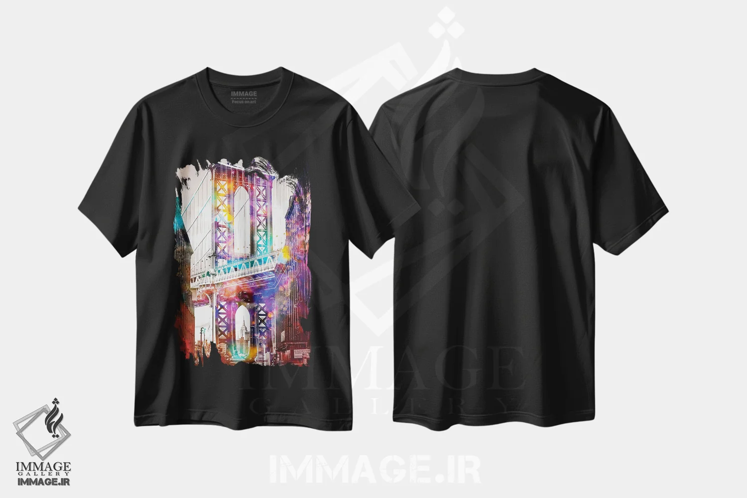 تیشرت مشکی طرح دار سفر در زمان روی پل بروکلین، هنر دیجیتال اثر دیوید لوبلاو | فروشگاه ایماژ