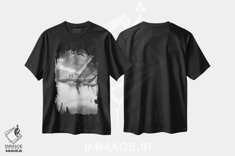تیشرت مشکی طرح دار موسیقی نهنگ زیر پل گلدن گیت، هنر دیجیتال سیاه و سفید اثر دیوید لوبلاو | فروشگاه ایماژ