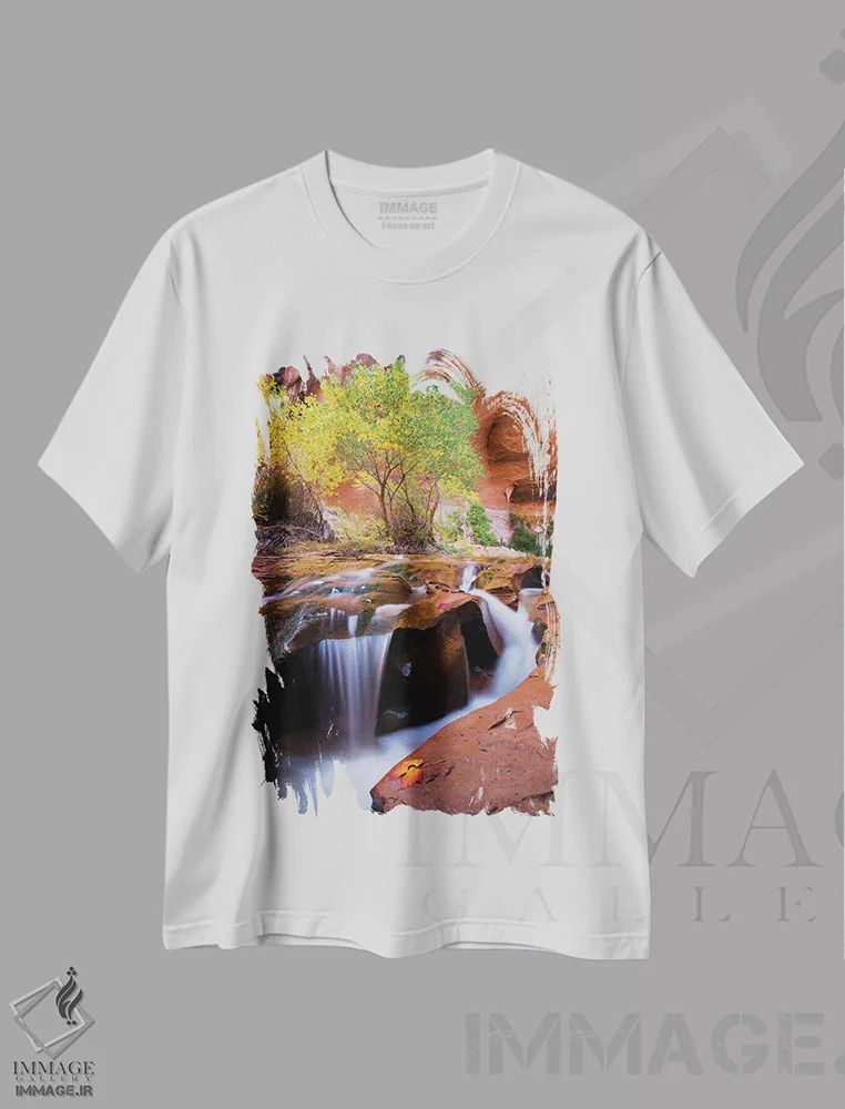 تیشرت سفید طرح دار آبشار پنیر سویسی، مدیوم اثر داستین لِفور | فروشگاه ایماژ