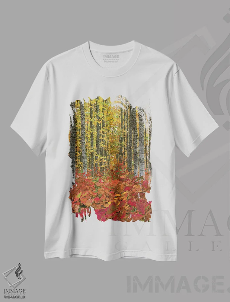 تیشرت سفید طرح دار جنگل پاییزی، مدیوم اثر داستین لِفور | فروشگاه ایماژ