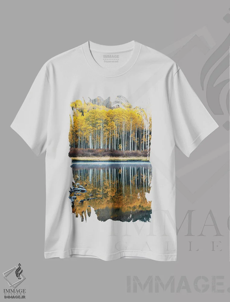 تیشرت سفید طرح دار پاییز دریاچه بید، مدیوم اثر داستین لِفور | immage.ir