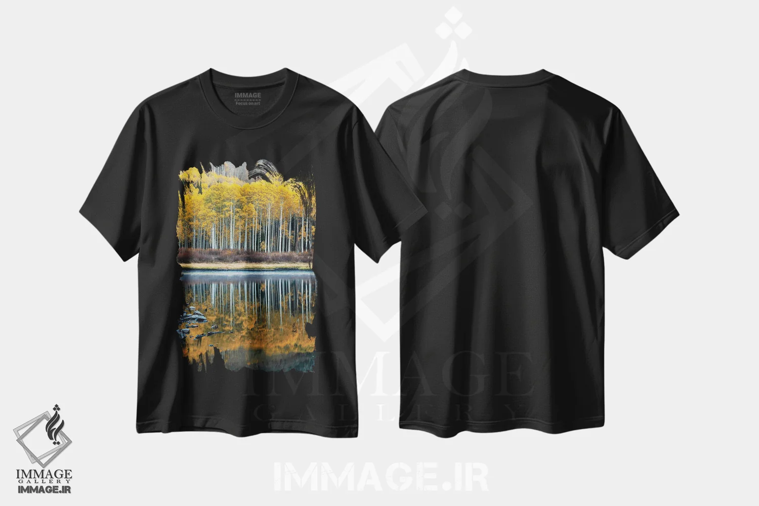 تیشرت مشکی طرح دار پاییز دریاچه بید، مدیوم اثر داستین لِفور | فروشگاه ایماژ
