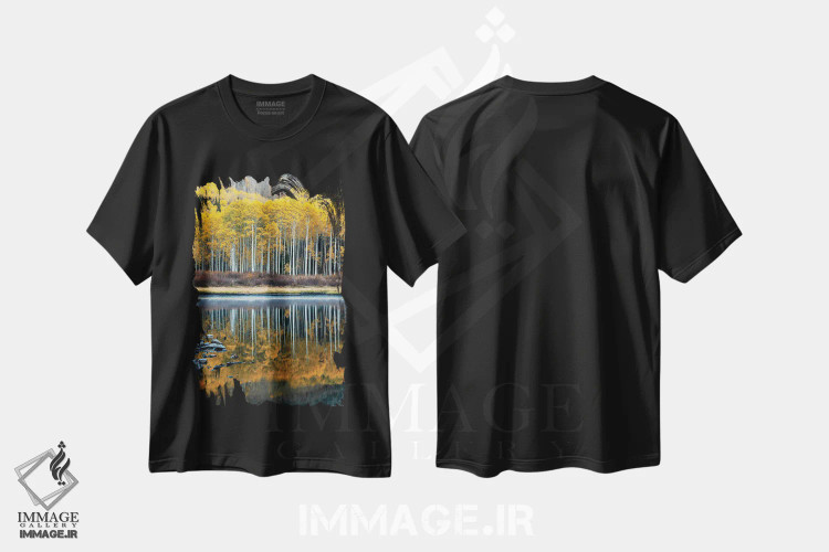 تیشرت مشکی طرح دار پاییز دریاچه بید، مدیوم اثر داستین لِفور | فروشگاه ایماژ