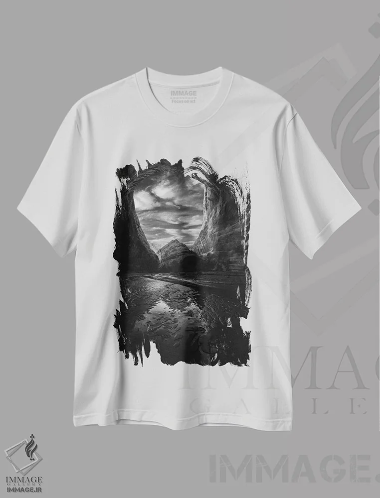 تیشرت سفید طرح دار دره کایتسیاه و سفید، عکاسی سیاه و سفید اثر داستین لِفور | فروشگاه ایماژ
