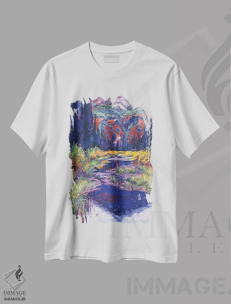 تیشرت سفید طرح دار برکهٔ قطرات باران، هنر فاخر معاصر اثر دیوید لوید گلوور | فروشگاه ایماژ