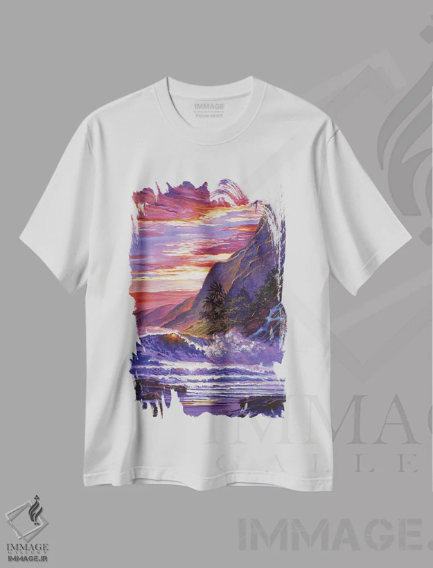 تیشرت سفید طرح دار ساحل بهشت هاوایی، هنر فاخر معاصر اثر دیوید لوید گلوور | فروشگاه ایماژ