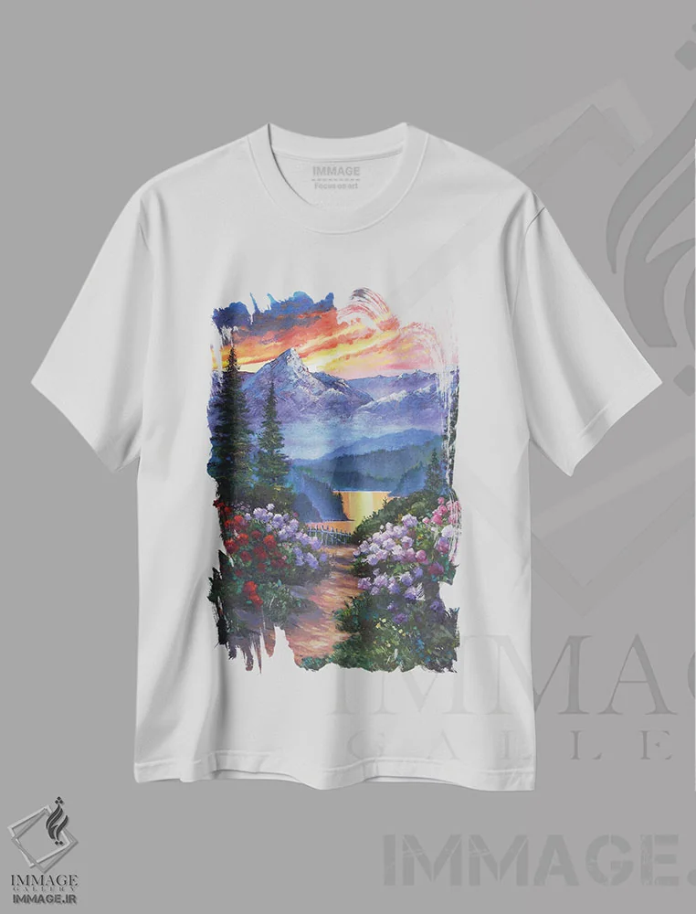 تیشرت سفید طرح دار مسیر بهاری به سوی دریاچه کوهستان، هنر فاخر معاصر اثر دیوید لوید گلوور | immage.ir