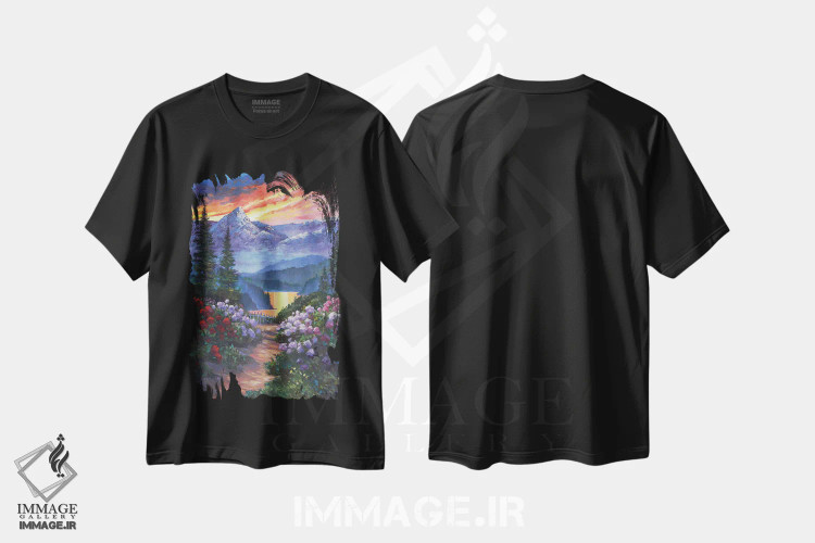 تیشرت مشکی طرح دار مسیر بهاری به سوی دریاچه کوهستان، هنر فاخر معاصر اثر دیوید لوید گلوور | فروشگاه ایماژ