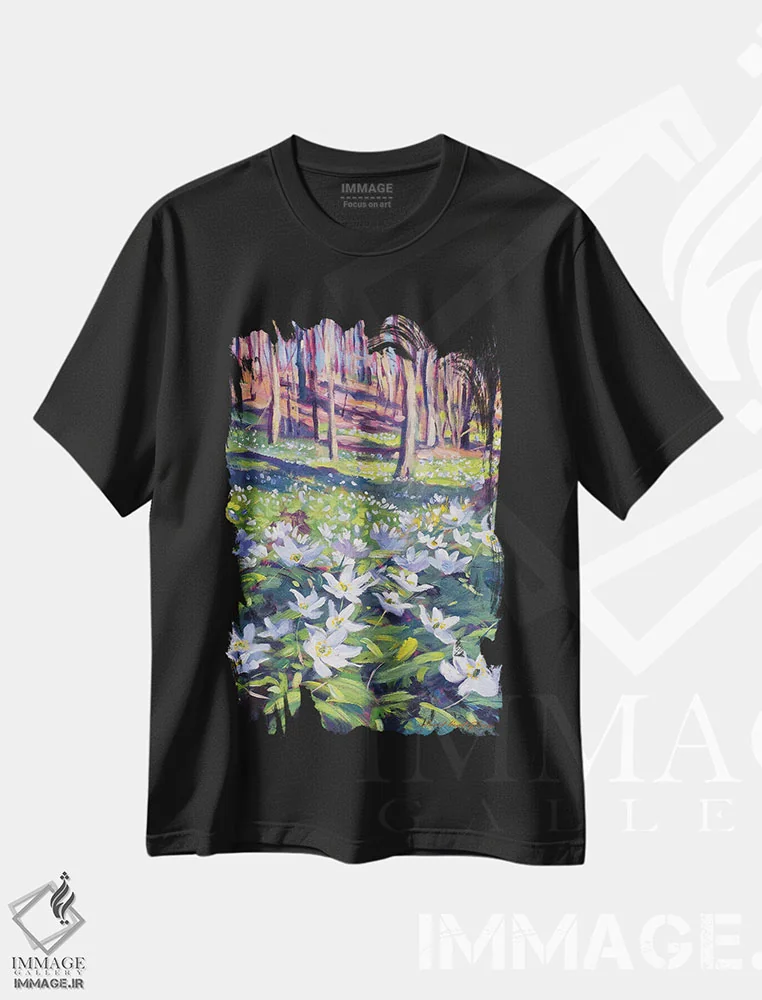 تیشرت مشکی طرح دار شقایق ها در علفزار، هنر فاخر معاصر اثر دیوید لوید گلوور | فروشگاه ایماژ
