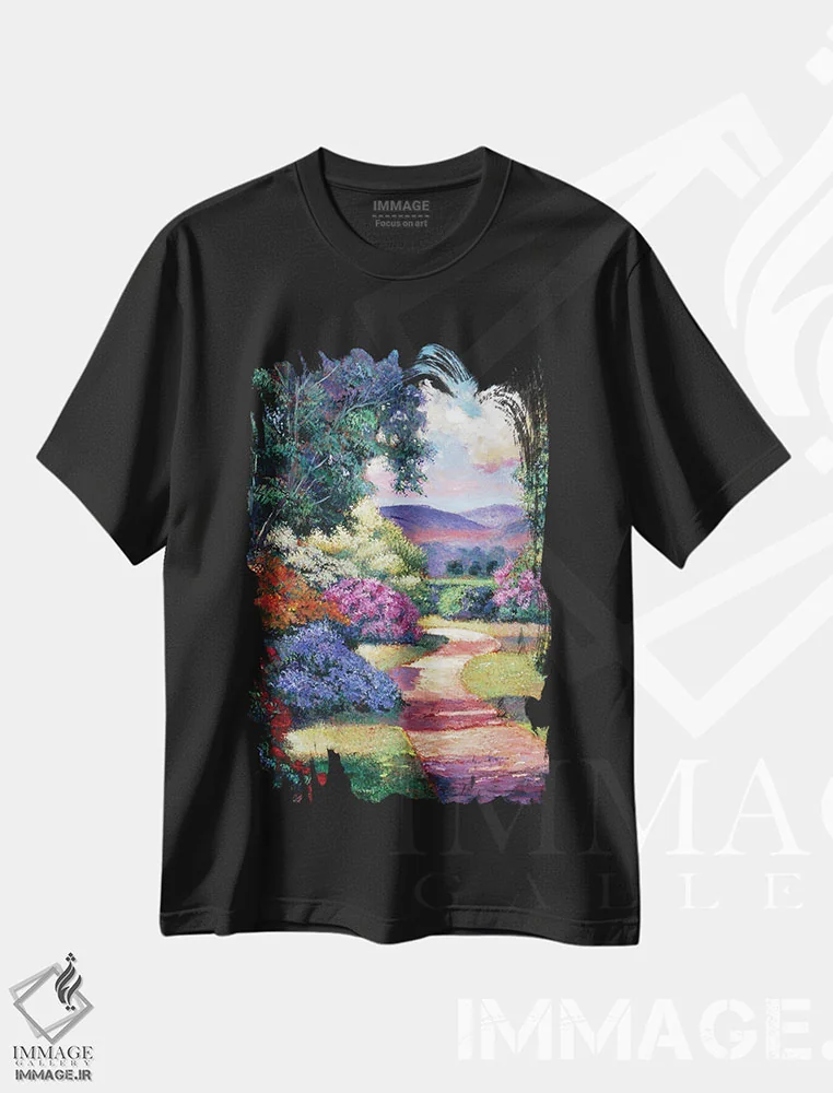 تیشرت مشکی طرح دار مسیر بهاری آزالیا، هنر فاخر معاصر اثر دیوید لوید گلوور | immage.ir