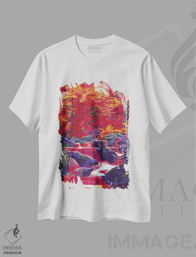 تیشرت سفید طرح دار آبشار آتشین، هنر فاخر معاصر اثر دیوید لوید گلوور | فروشگاه ایماژ