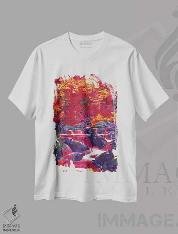 تیشرت سفید طرح دار آبشار آتشین، هنر فاخر معاصر اثر دیوید لوید گلوور | فروشگاه ایماژ