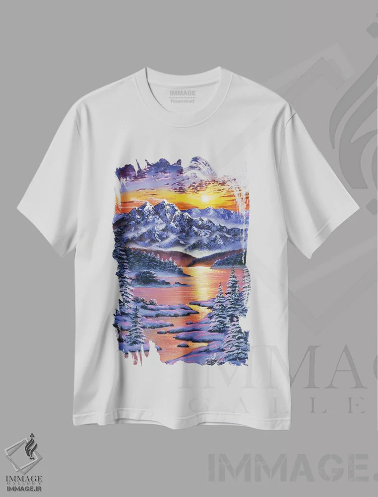 تیشرت سفید طرح دار غروب یخ زده، هنر فاخر معاصر اثر دیوید لوید گلوور | فروشگاه ایماژ