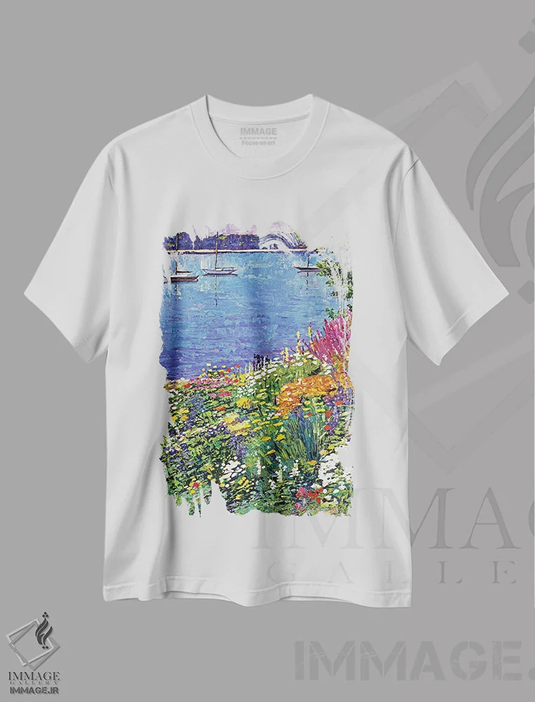 تیشرت سفید طرح دار باغ کنار خلیج، هنر فاخر معاصر اثر دیوید لوید گلوور | immage.ir