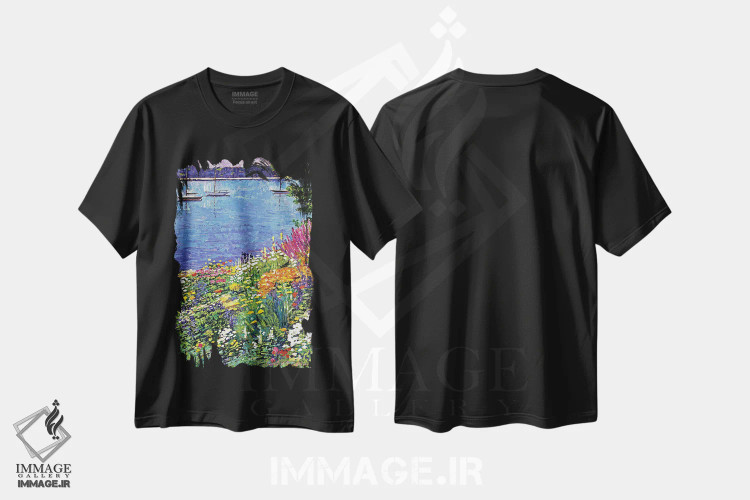 تیشرت مشکی طرح دار باغ کنار خلیج، هنر فاخر معاصر اثر دیوید لوید گلوور | فروشگاه ایماژ