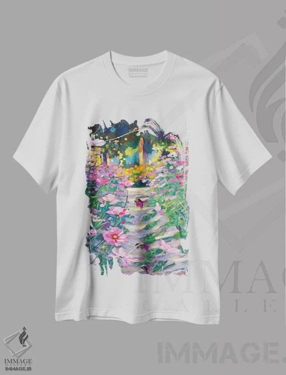 تیشرت سفید طرح دار مسیر گل های کوسموس در باغ، هنر فاخر معاصر اثر دیوید لوید گلوور | فروشگاه ایماژ