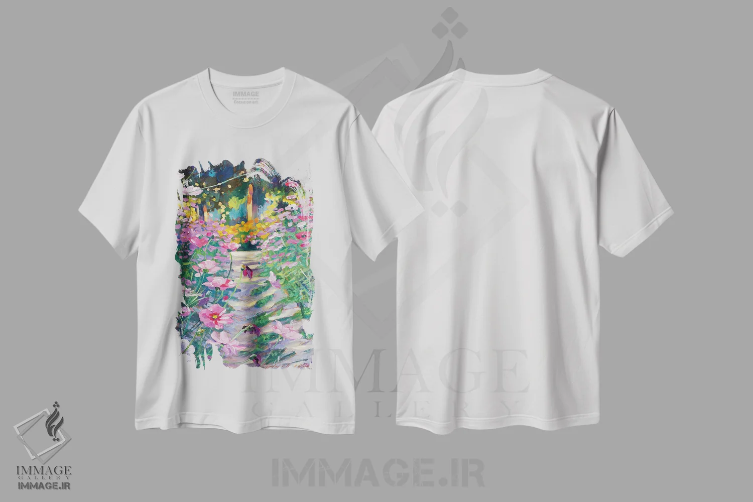 تیشرت سفید طرح دار مسیر گل های کوسموس در باغ، هنر فاخر معاصر اثر دیوید لوید گلوور | فروشگاه ایماژ