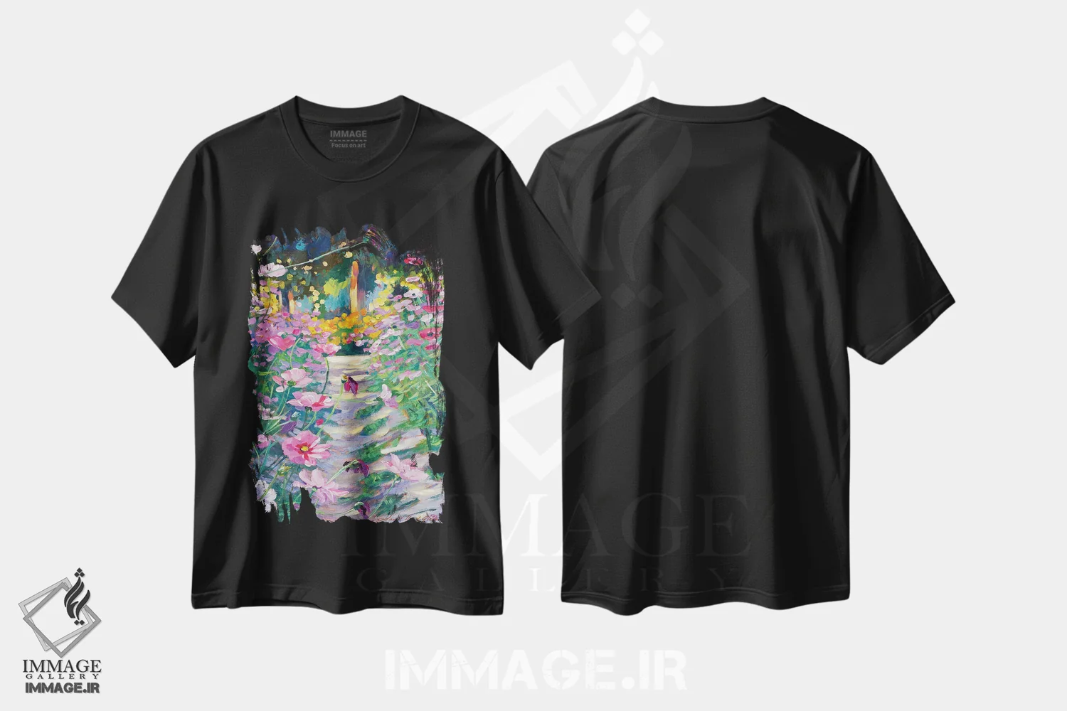 تیشرت مشکی طرح دار مسیر گل های کوسموس در باغ، هنر فاخر معاصر اثر دیوید لوید گلوور | immage.ir