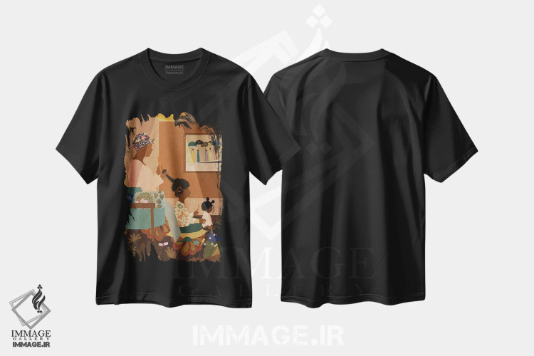 تیشرت مشکی طرح دار ساکن بنشین، هنر آمریکایی آفریقایی تبار اثر دی لاشه آرتیستری | immage.ir