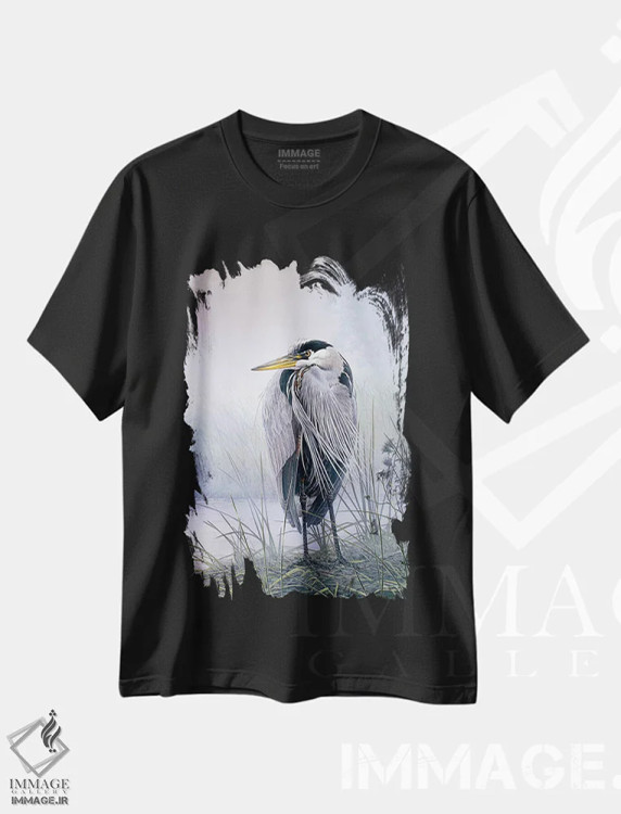 تیشرت مشکی طرح دار حواصیل اندیشناک، هنر فاخر اثر دان لی -لگر | فروشگاه ایماژ
