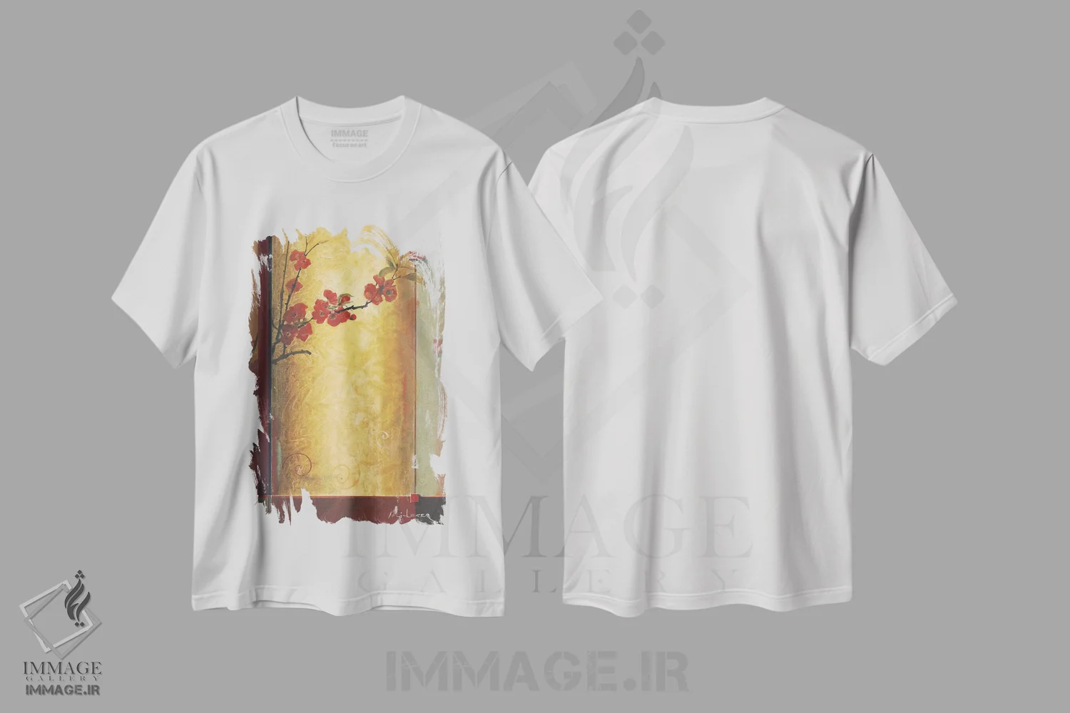 تیشرت سفید طرح دار تابلو فرش شکوفه ها، دکور آسیایی اثر دان لی -لگر | فروشگاه ایماژ