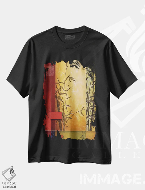 تیشرت مشکی طرح دار رقص در باغ، دکور آسیایی اثر دان لی -لگر | فروشگاه ایماژ