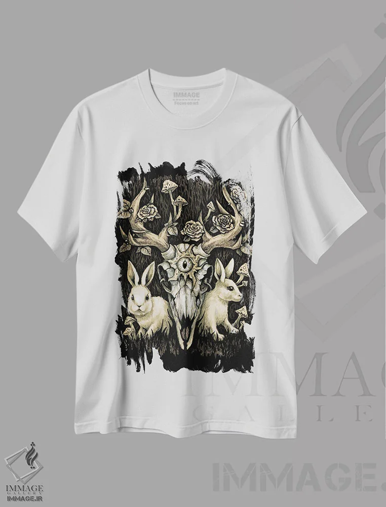 تیشرت سفید طرح دار شاخ گوزن و خرگوش ها، دکوراسیون جایگزین اثر دیانا لوین | فروشگاه ایماژ