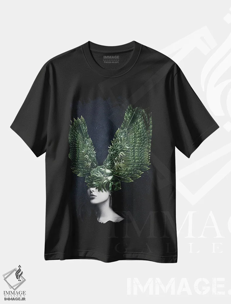 تیشرت مشکی طرح دار زن؛ طبیعت بال دار، عکاسی ترکیبی اثر دانیلو د آلکساندریا | فروشگاه ایماژ