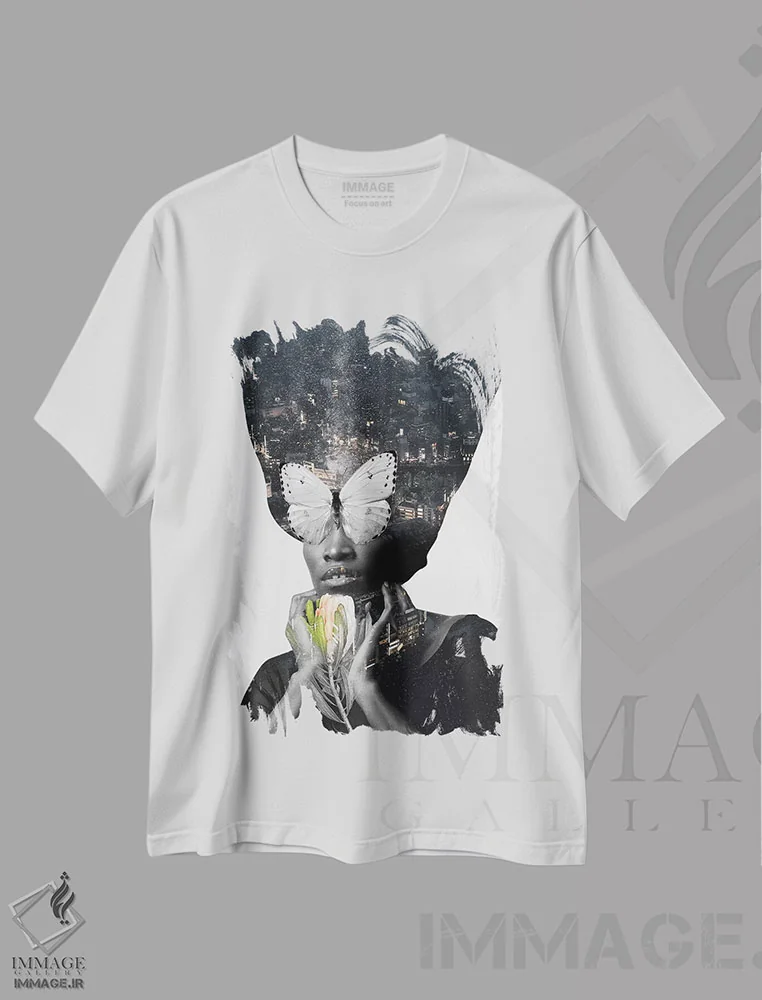 تیشرت سفید طرح دار زن جهان شمول، عکاسی ترکیبی اثر دانیلو د آلکساندریا | فروشگاه ایماژ