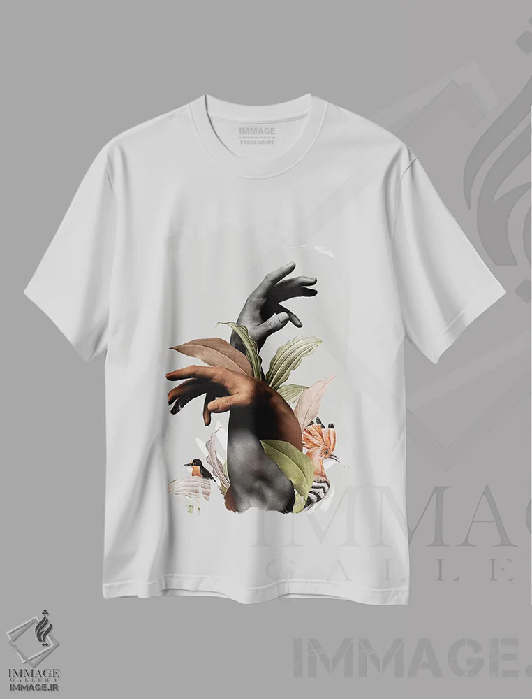 تیشرت سفید طرح دار دست با گل، هنر دیجیتال اثر دانیلو د آلکساندریا | فروشگاه ایماژ