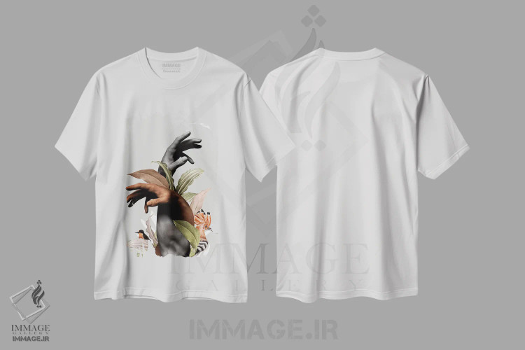 تیشرت سفید طرح دار دست با گل، هنر دیجیتال اثر دانیلو د آلکساندریا | فروشگاه ایماژ