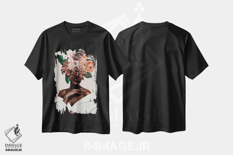 تیشرت مشکی طرح دار زن با گل شماره ۲، هنر دیجیتال اثر دانیلو د آلکساندریا | فروشگاه ایماژ