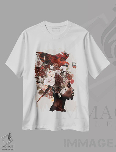 تیشرت سفید طرح دار زن با گل شماره ۱، هنر دیجیتال اثر دانیلو د آلکساندریا | فروشگاه ایماژ