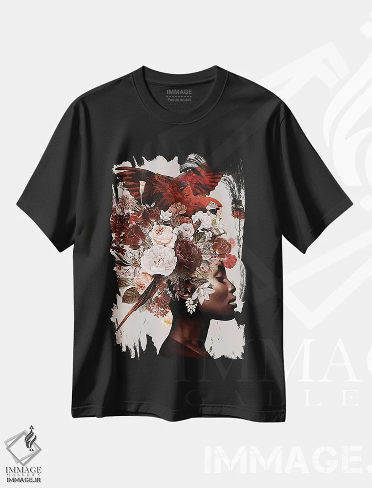 تیشرت مشکی طرح دار زن با گل شماره ۱، هنر دیجیتال اثر دانیلو د آلکساندریا | immage.ir