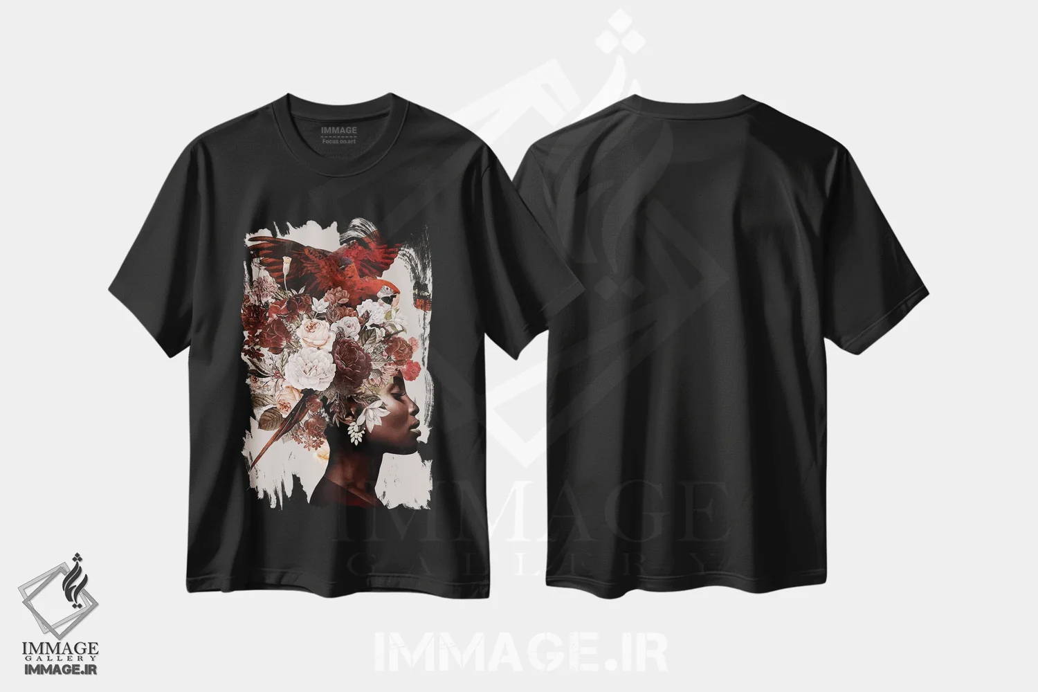 تیشرت مشکی طرح دار زن با گل شماره ۱، هنر دیجیتال اثر دانیلو د آلکساندریا | immage.ir