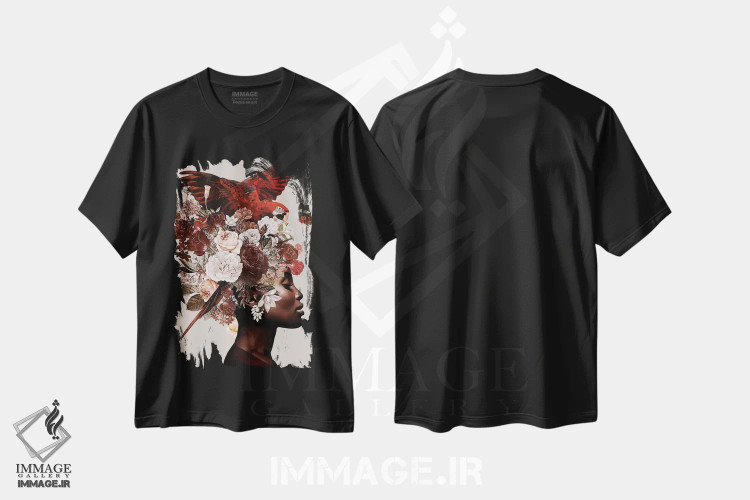 تیشرت مشکی طرح دار زن با گل شماره ۱، هنر دیجیتال اثر دانیلو د آلکساندریا | immage.ir