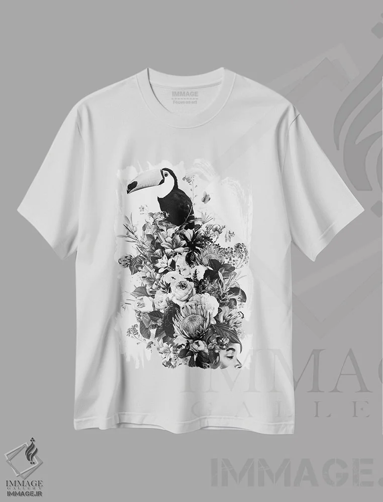 تیشرت سفید طرح دار زنِ گلدار VI، هنر تزئینی سیاه و سفید اثر دانیلو د آلکساندریا | immage.ir