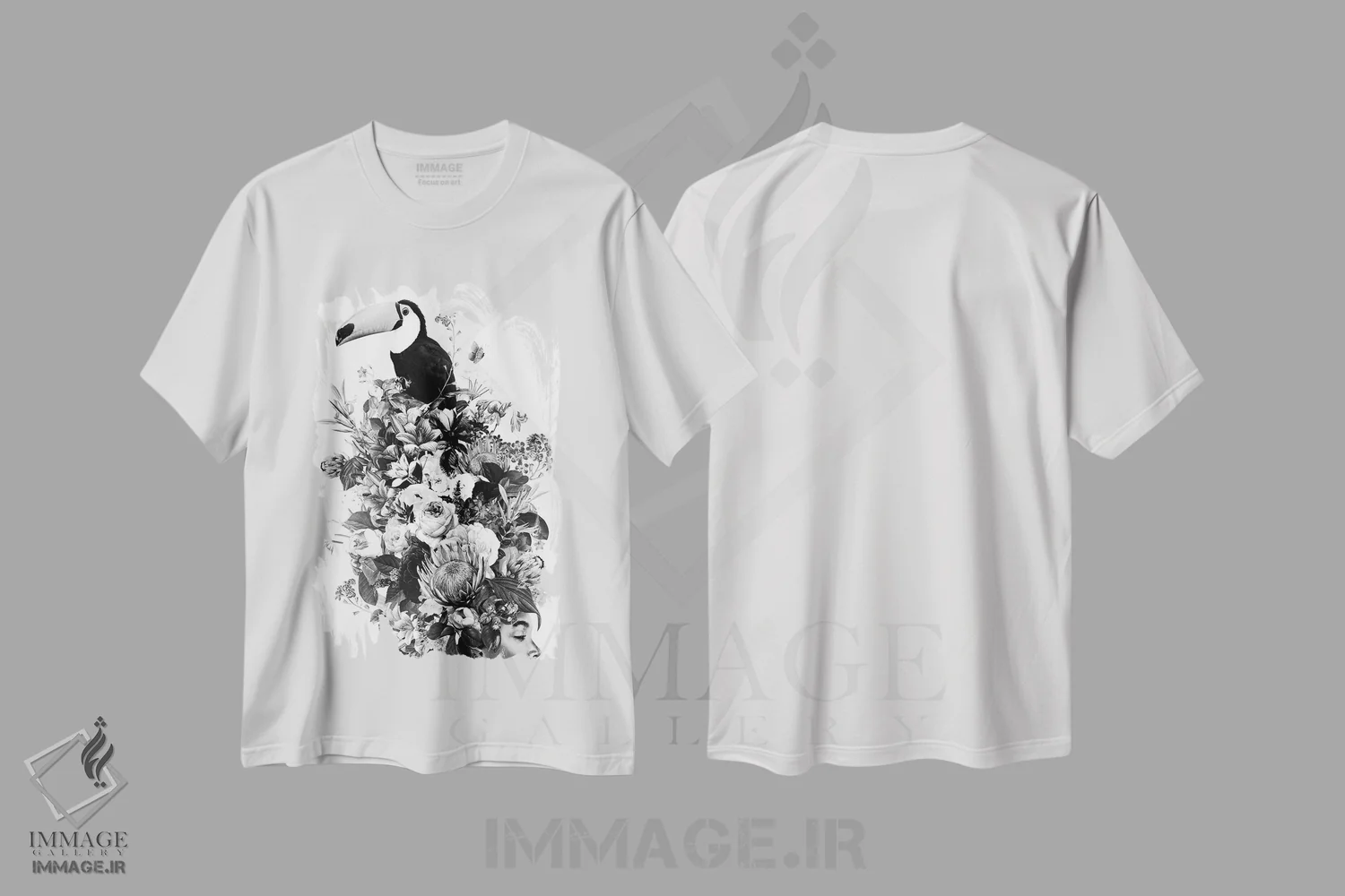 تیشرت سفید طرح دار زنِ گلدار VI، هنر تزئینی سیاه و سفید اثر دانیلو د آلکساندریا | immage.ir