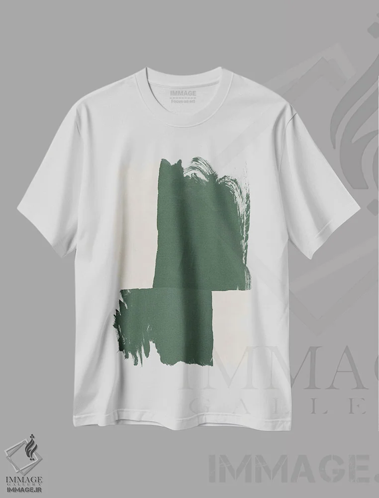 تیشرت سفید طرح دار سبز انتزاعی، آبستره اثر دانیلو د آلکساندریا | فروشگاه ایماژ