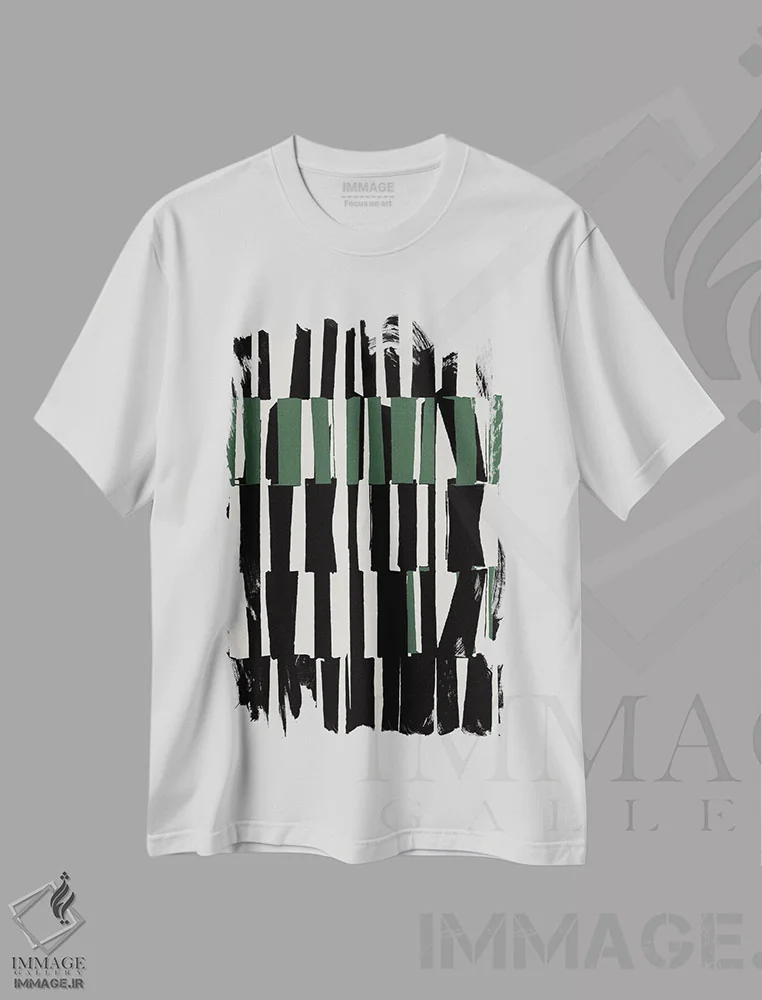 تیشرت سفید طرح دار هندسی سبز انتزاعی دو، آبستره اثر دانیلو د آلکساندریا | فروشگاه ایماژ
