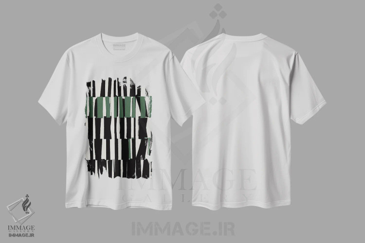 تیشرت سفید طرح دار هندسی سبز انتزاعی دو، آبستره اثر دانیلو د آلکساندریا | فروشگاه ایماژ