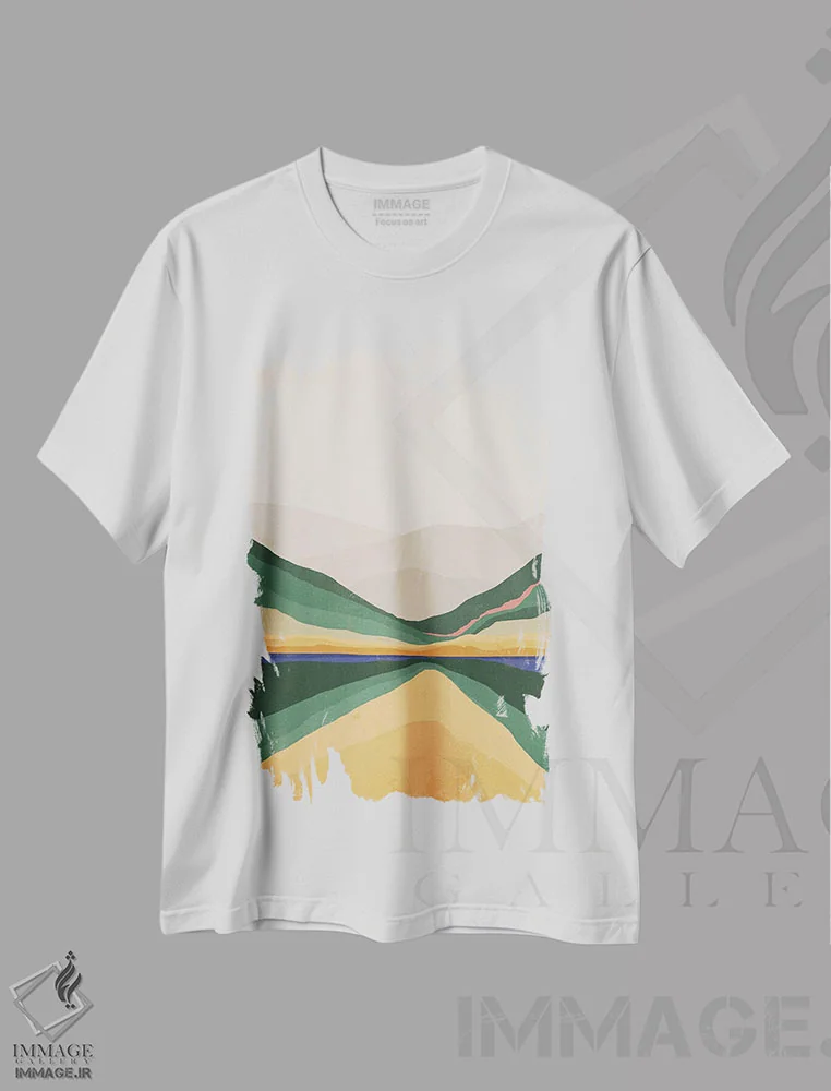 تیشرت سفید طرح دار کوه رنگارنگ، آبستره اثر دانیلو د آلکساندریا | فروشگاه ایماژ