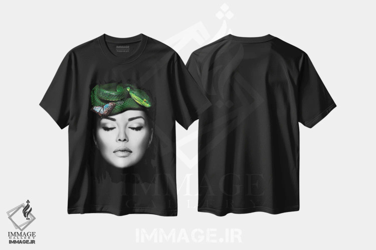 تیشرت مشکی طرح دار زن با مار سبز، هنر دیجیتال اثر دانیلو د آلکساندریا | فروشگاه ایماژ