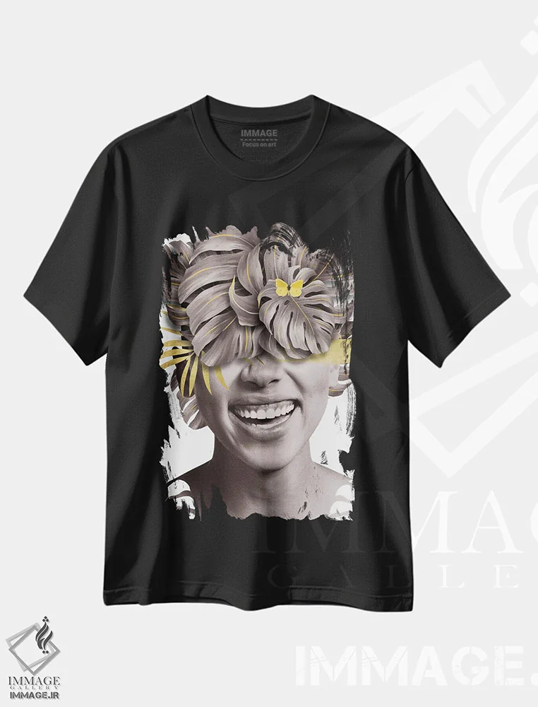 تیشرت مشکی طرح دار زن با برگ زرد یک، تزئینی اثر دانیلو د آلکساندریا | فروشگاه ایماژ