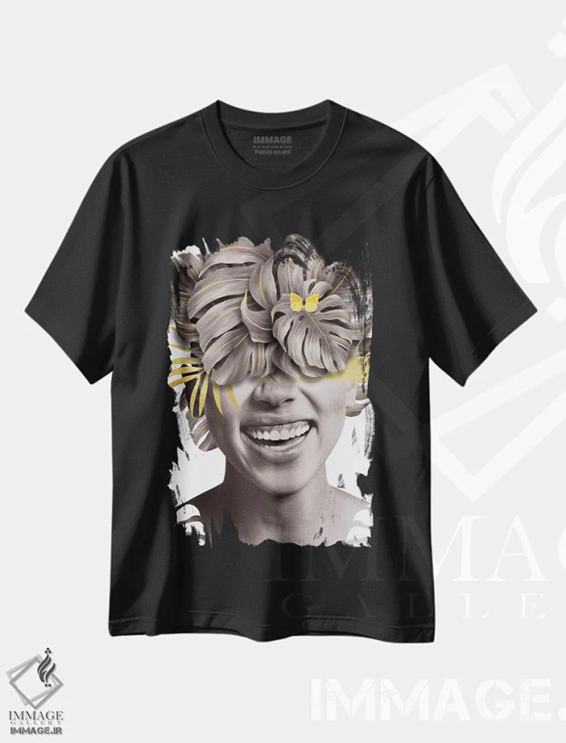 تیشرت مشکی طرح دار زن با برگ زرد یک، تزئینی اثر دانیلو د آلکساندریا | فروشگاه ایماژ