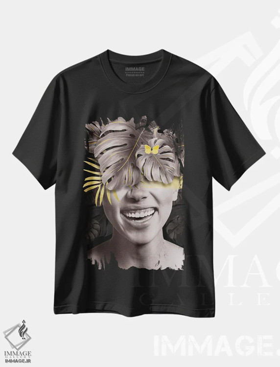 تیشرت مشکی طرح دار زن با برگ زرد دو، تزئینی اثر دانیلو د آلکساندریا | immage.ir