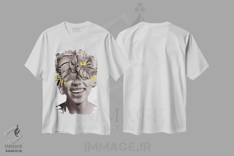 تیشرت سفید طرح دار زن با برگ زرد یک، تزئینی اثر دانیلو د آلکساندریا | immage.ir